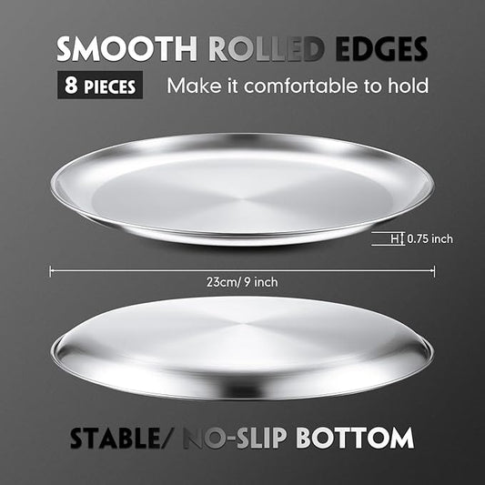 Thenshop 8 Pieces 9 Inch Pizza Pans Bulk Stainless Steel Sets Round Bakeware Pizza Trays for Oven Kitchen Baking Home Restaurant Safe Sturdy Reusable Easy Clean(Silver)