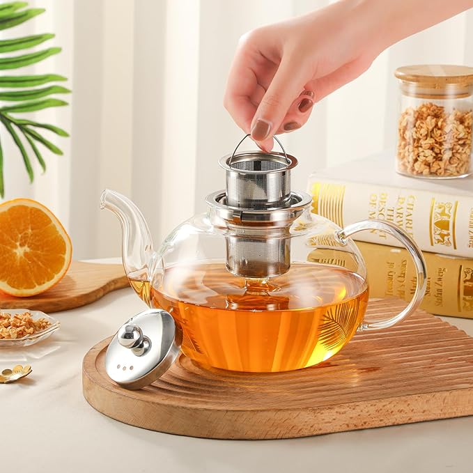 50OZ/1500ML Glass Teapot Set with 4 Double Wall Teacups & Removable Infuser, Stovetop & Microwave Safe Clear Tea Maker Water Kettle with 7OZ/200ML Tea Cups for Loose Leaf Blooming Tea