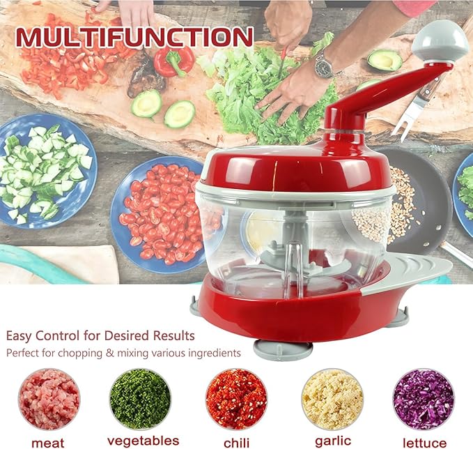 Versatile Hand-Cranked Food Processor - Manual Chopper, Meat Grinder Vegetable Chopper, Slicer Spinner Dicer for Salad, Fruits, Nuts, Herbs, and Onions - Includes Stable Base