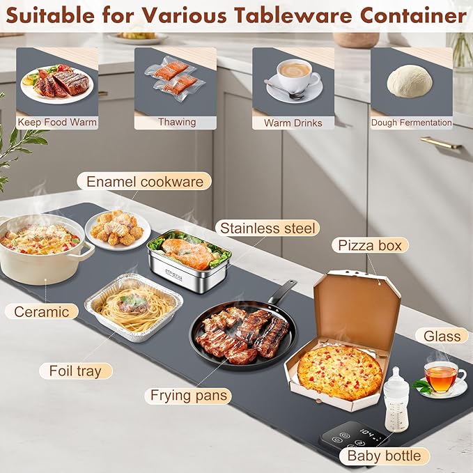 Food Warming Mat - 47.24''x15.75'' Food Warmer, 7-Temp Adjustable Fast Heating, Heat Meals/Keep Food Warm, Silicone Surface for Ceramic/Glass/Metal Containers, 8H Auto Shutoff