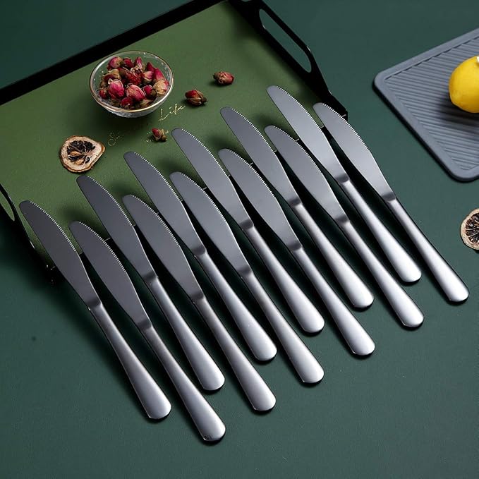 Black Dinner Knives Set Of 12, Berglander Stainless Steel Titanium Plating Shiny Black Dinner Knife, Butter Knife Spreader Table Knives Sturdy And Dishwasher Safe