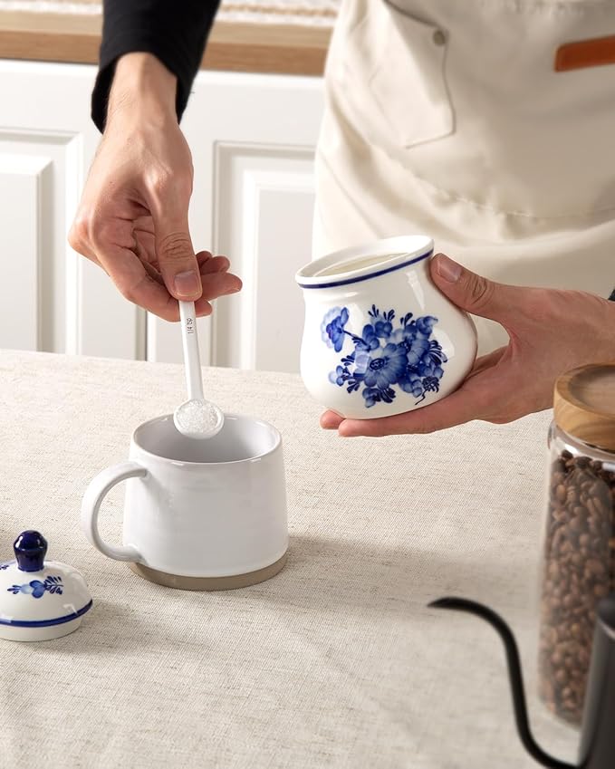Ceramic Sugar Bowl with Lid and Spoon, 11Oz Sugar Container for Coffee Bar, Blue and White Sugar Jar/Dispenser, Flower