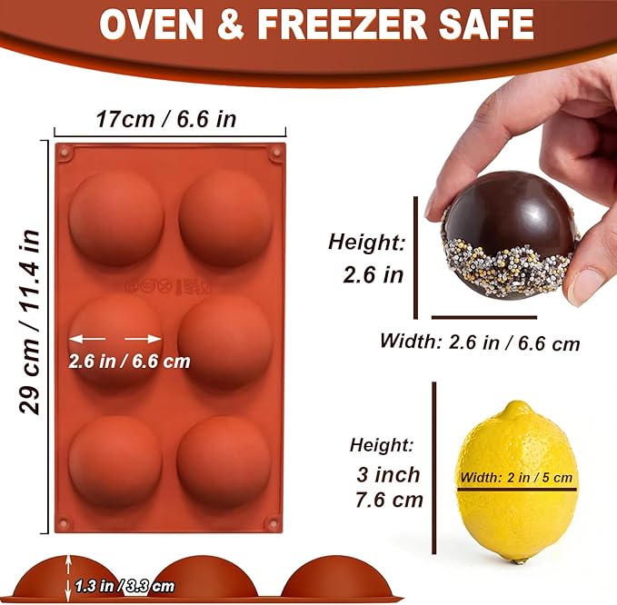 2 Pack Large 6-Cavity Semi Sphere Silicone Molds, Non-Stick Baking Mold for Making Standard Size Hot Chocolate Bomb, Cake, Jelly, Dome Mousse