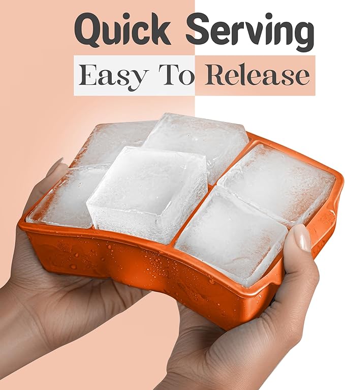 KitchFort Large Silicone Ice Cube Tray (2-Pack), Easy Release 2" Big Ice Cubes - Cocktail, Whiskey Ice Cubes Mold - Ice Trays for Freezer with Lid - Stackable Silicone Ice Tray - Orange