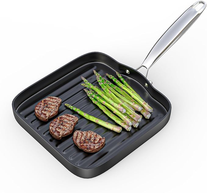 SafBbcue Square 11” Ridged Grill Pan - Non-Stick Ceramic Coated, Durable Skillet Indoor & Outdoor Grilling, Oven Gas & Induction Safe, for Weber Charbroil Camp Chef Grill, Black