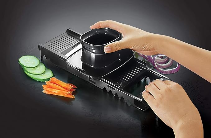 Multi Grater Kitchen Mandoline | Multi Functional Fruit & Vegetable Slicer with 5 Adjustable Stainless Steel Blades Crinkle Waffle Cutter Julienne Slicer with Safety Holder Rail Guide
