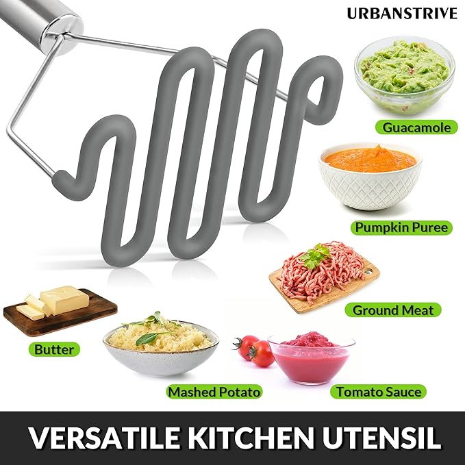 Urbanstrive Non-Scratch Silicone Potato Masher Kitchen Tool, Potatoes Masher Potato Masher Stainless Steel Wrapped In Premium Silicone, Potato Smasher, Grey