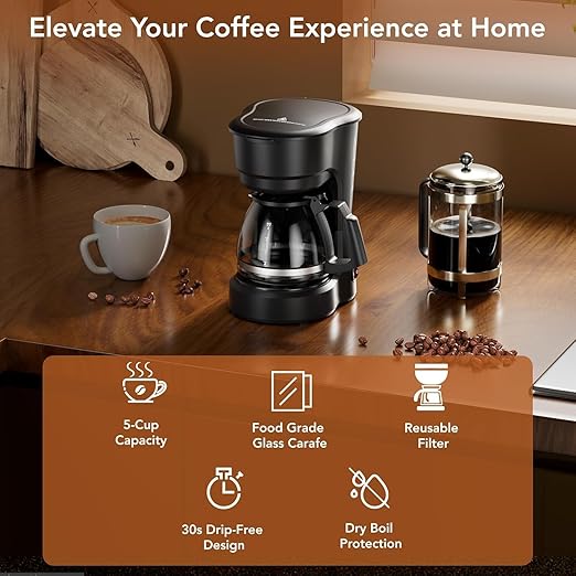 Electactic Pro 5-Cup Coffee Maker–Energy-Efficient Drip Coffee Machine Brewer with Quick Pause N Serve,Stainless Steel Filter & Extended Keep-Warm–Compact for Office & Small Kitchen