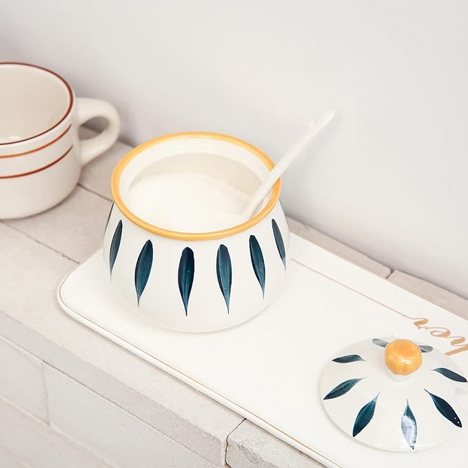 Ceramic Sugar Bowl with Lid and Spoon – 12 oz Sugar Container for Kitchen Counter, Coffee Bar and Home, Farmhouse Sugar Jar for Coffee, Tea, and Baking, Sugar Pot Dishwasher Safe