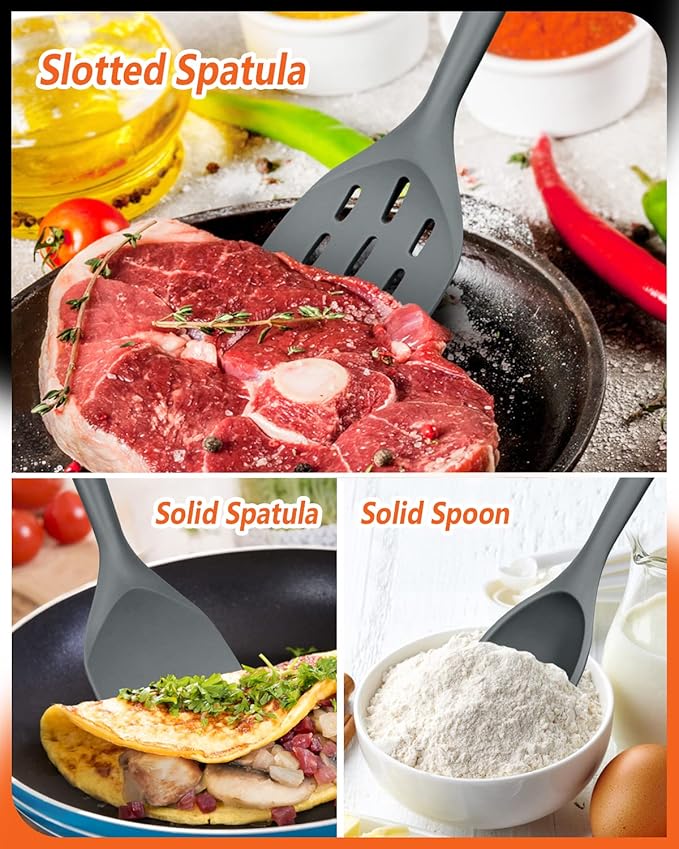 Pack of 3 Silicone Spatula, Non Stick Cooking Utensil Set, Wooden Handle Kitchen Turner for Baking Mixing Grilling Serving Food Heat Resistant, Grey