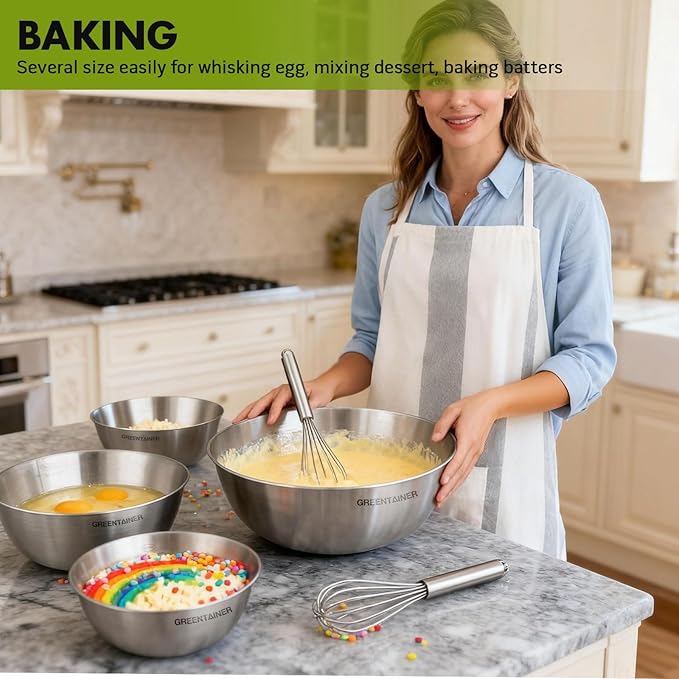 Greentainer 5-Piece Stainless Steel Mixing Bowls Set for Kitchen, Nesting Bowls for Mixing, Baking, Prepping, Cooking and Serving Food, Metal Mixing Bowls Dishwasher Safe