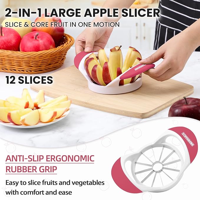 SCHVUBENR Large Apple Corer and Slicer - 4.72 Inch Apple Cutter Slicer with 12 Blades - Stainless Steel Apple Slicer - Sharp Apple Corer Tool - Anti-Slip Grip, Easy to Use & Dishwasher Safe - Pink