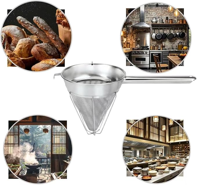 Stainless Steel Fine Mesh Chinois Strainer, Large Strainer Reinforced Bouillon Strainer for Sauces, Soups, Purees, Pastes, Jelly, Custard, Curds and etc.,10-Inch