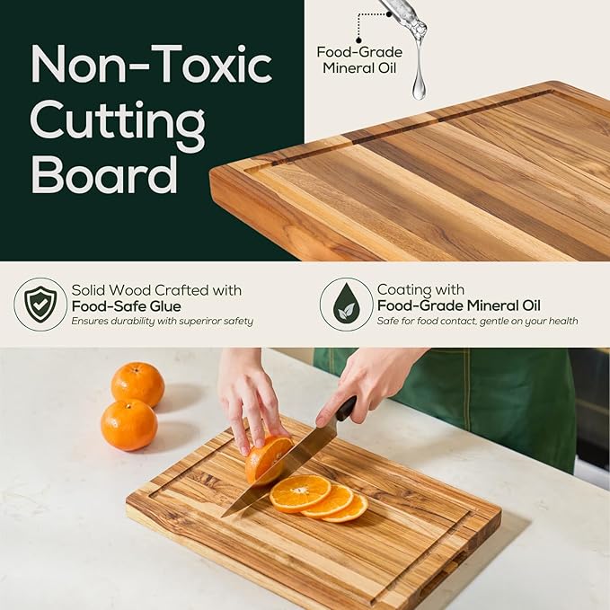 EZ FURNITURE Small (S) Teak Wood Premium Cutting & Serving Board, Knife Friendly, Pre-Oiled End Grain with Juice Groove & Handles, Non-Toxic (14"Lx10"Wx1"Th, 3.75lbs)