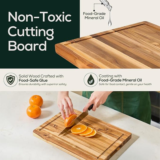 EZ FURNITURE Medium (M) Teak Wood Premium Cutting & Serving Board, Edge Grain with Juice Groove & Handles, Knife Friendly, Pre-Oiled with Food-Grade Mineral Oil, Non-Toxic (17" x 13" x 1", 5.07 lbs)
