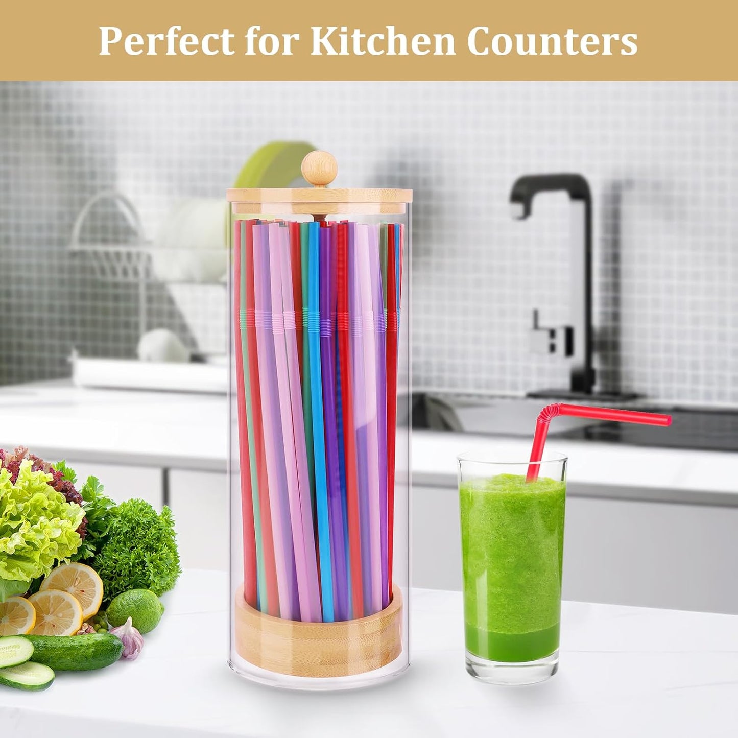 JYPS 10-Inch Acrylic Straw Dispenser with Bamboo Lid with 100 Colorful Straws, Transparent Counter Container Countertop Organizer for Kitchen, Office,Cabinet Storage, Holds Pencils, Cutlery