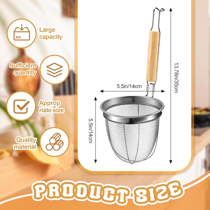 Patelai 8 Pcs Pasta Strainer Basket 5.5"x5.5" Stainless Steel Noodle Strainer with Wood Handle Kitchen Round Base Mesh Spider Basket Skimmer Food for Pasta, Ramen, Dumplings, and Deep-fried Foods