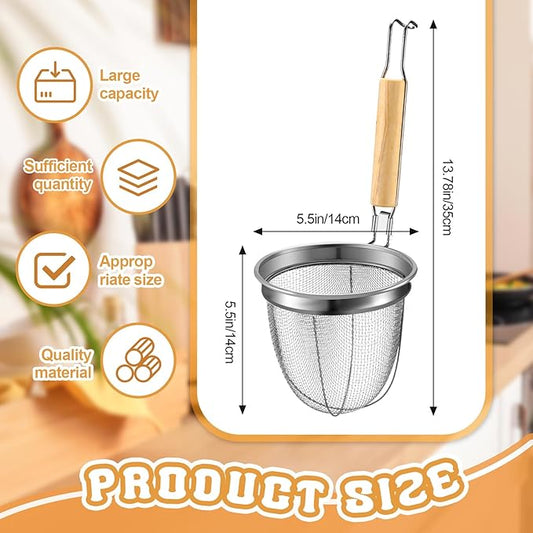Patelai 8 Pcs Pasta Strainer Basket 5.5"x5.5" Stainless Steel Noodle Strainer with Wood Handle Kitchen Round Base Mesh Spider Basket Skimmer Food for Pasta, Ramen, Dumplings, and Deep-fried Foods