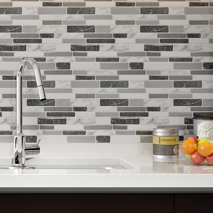 Art3d 10-Sheet Peel and Stick Kitchen Backsplash Tiles, 12"x12" Self-Adhesive Marble Grey Wall Tiles for Kitchen and Bathroom