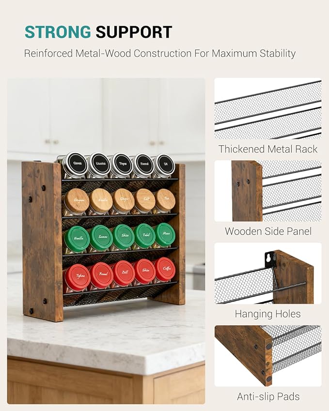NESAPTO Spice Rack Organizer for Cabinet, Wooden 4 Tier Vertical Seasoning Organizers for Kitchen Pantry, Countertop/Wall Mount, Holds 20 Spice Jars (No Jars Included),10.3" W × 9.4" H