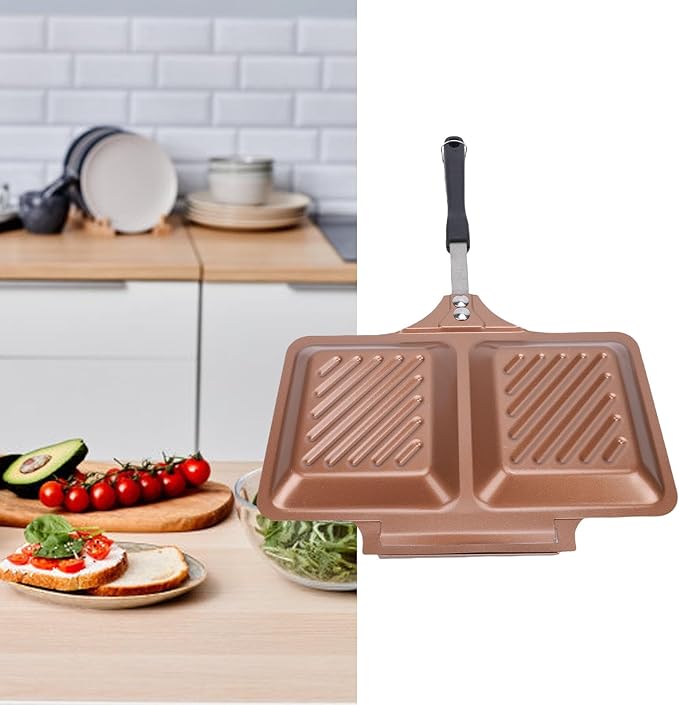 Pssopp Grilled Sandwich Maker, Double Sided Stovetop Toasted Panini Maker Press Breakfast Frying Pan for Home Kitchen Camping (Gold)