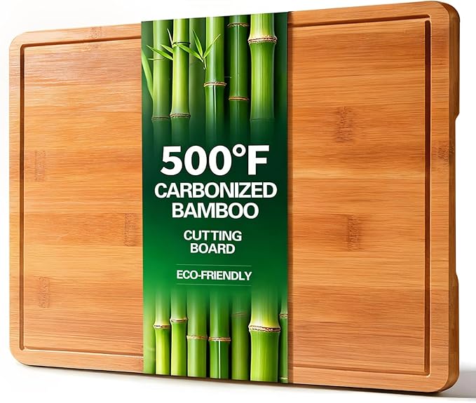 Zarler Bamboo Cutting Boards for Kitchen, 15.5x10.5 Durable Wood Cutting Board with Juice Grooves and Handles, Wooden Chopping Board for Meal Prep, 500℉ Carbonized Bamboo, XL Size, Ideal Kitchen Gift