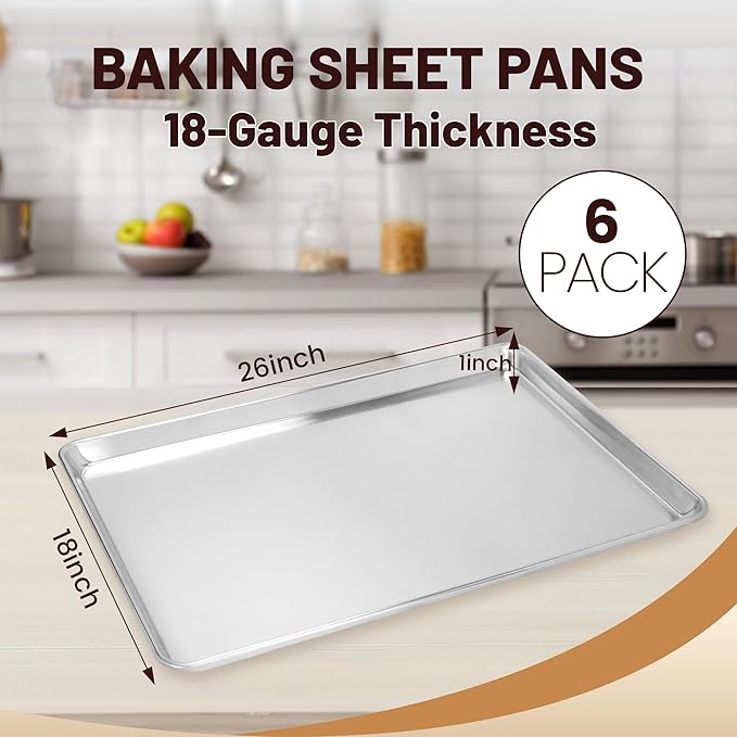 BIEAMA 6 Pack Full Size Baking Sheet Pan Aluminum Commercial Pan for Oven Freezer Bakery Hotel Restaurant 18" × 26"