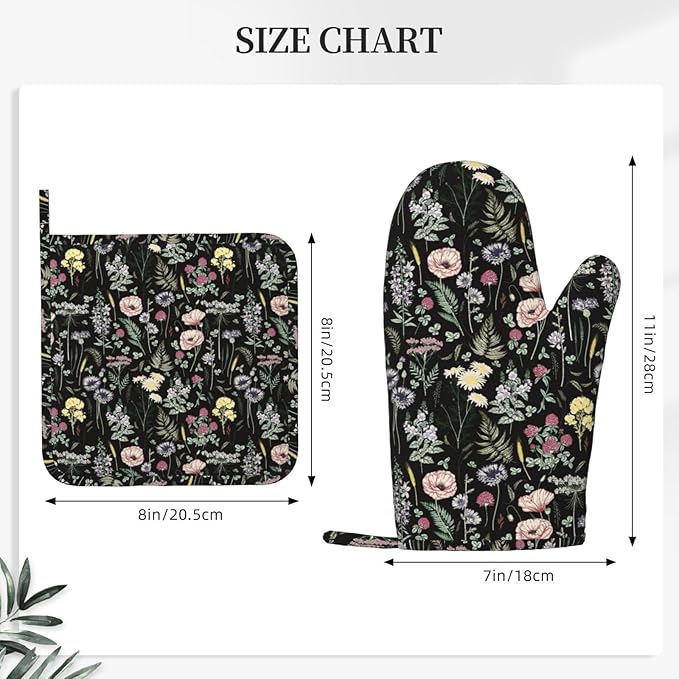 Black Floral Silicone Oven Mitts and Pot Holders Sets Dark Wildflower Rustic Flower Blossom Farmhouse Leaves Botanical Kitchen Mitts Potholder Kitchen Accessories for Cooking Baking BBQ