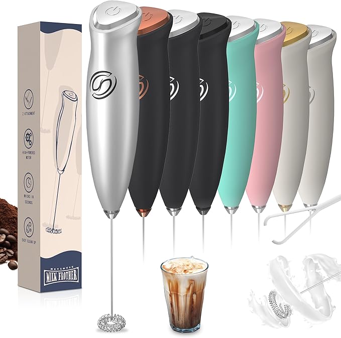 HeyLotie Milk Frother Handheld Frother Wand Drink Mixer Handheld Coffee Stirrers Electric Frother for Coffee Mixer Wand with 2 Whisk frother for protein powder coffee frother handheld-Silver