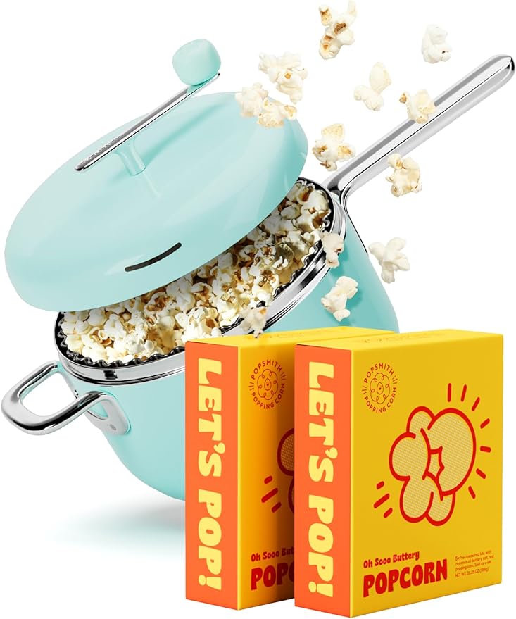 Popsmith Starter Bundle in Mint - 6 Quart Stovetop Popcorn Machine with 10 Movie Theater Buttery Popcorn Kits - Stainless Steel Popcorn Maker Compatible with All Stovetops