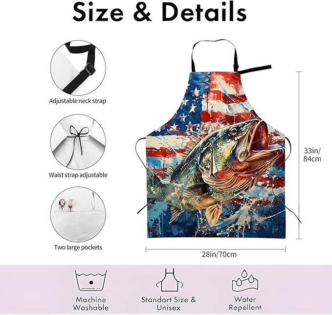 American Flag Fishing Apron,Adjustable Waterproof Oxford Fabric Kitchen Apron with 2 Pockets for Men and Women, Cooking, Baking, BBQ, Coffee Shop, Housewarming Gifts, 28x33 Inches