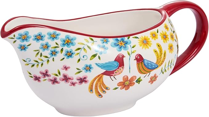 Bico Red Spring Bird 14oz Gravy Boat with Large Handle, Ceramic Sauce Boat for Creamer, Salad Dressings, Broth, Black Pepper Sauce