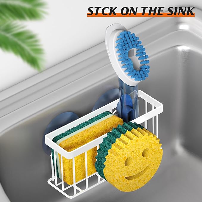 Sponge Holder Smiley Face, Kitchen Organizer with 2 Suction Cups/1 Adhesive Strips,Designed for Sponge,Soap,Dish Brush,Scrubber - White