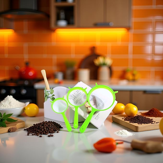3 PCS/Set Flour Sifter with Long Handle, Plastic Hangable Flour Colander Powder Filter Strainer Fine Mesh Colander Coffee Filter Tea Strainer, Strainers and Colanders and Food Strainers（Green）