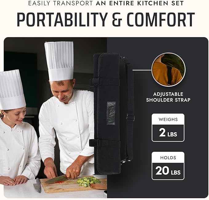 Asaya Canvas Chef Knife Roll Bag - 10 Knife Slots and a Large Zipper Pocket - Durable 10oz Canvas Knife Case with an Adjustable Shoulder Strap - Knives not Included