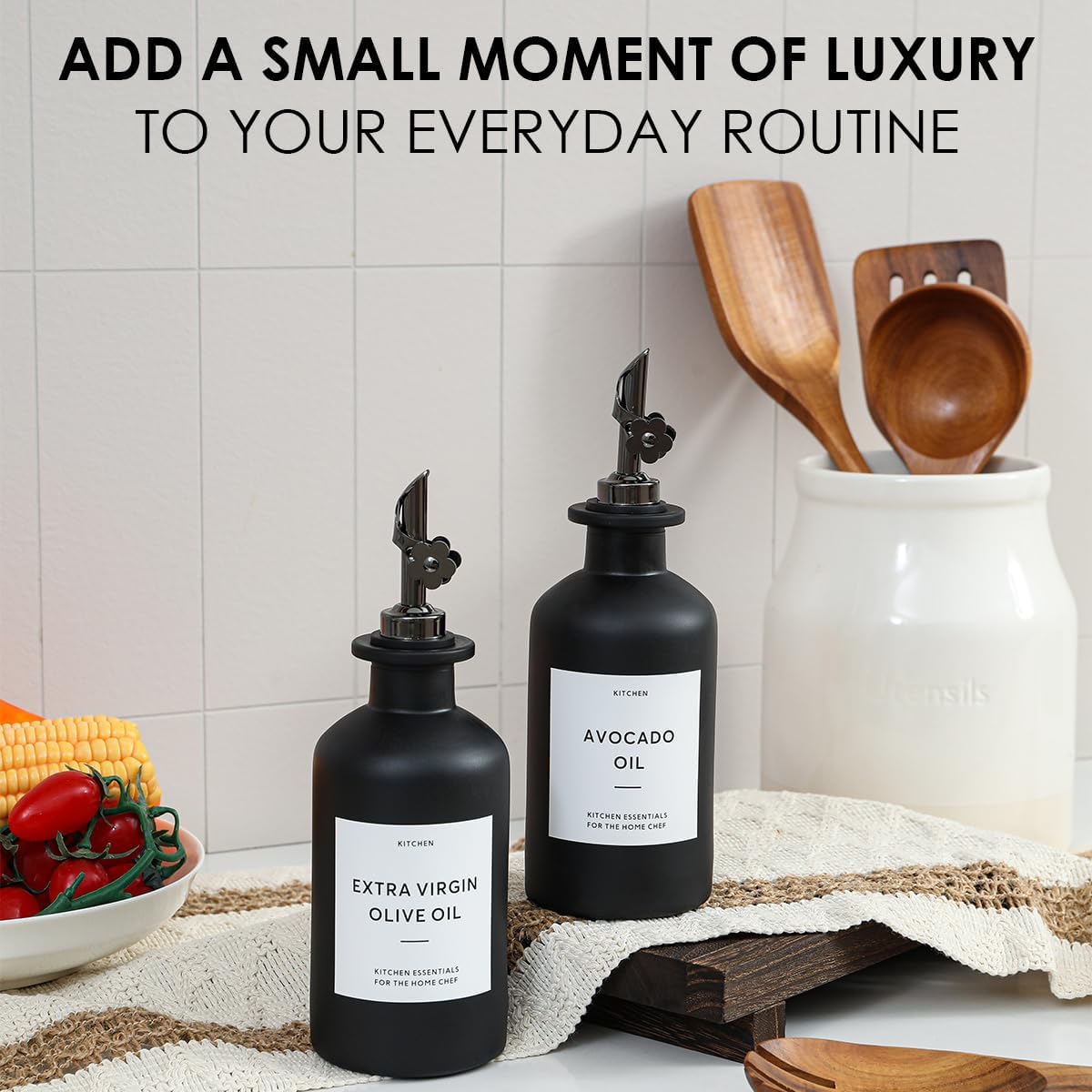 HOMCDALY Olive Oil Dispenser for Kitchen, 11.8oz Glass Kitchen Dispenser Bottle, Black Oil&Vinegar Cruet Set, Leakproof Olive Oil Bottles | Set of 2 (11.8oz – Black) Visit the HOMCDALY Store