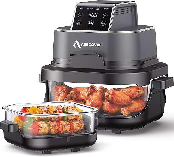 Arecovas 4-in-1 Portable Glass Air Fryer, 140–400°F Precise Heat, Max Crisp Technology, 4.2QT & 1.6QT Dual Containers with Lids, Freezer & Dishwasher Safe, Bake, Recrisp, Air Fry