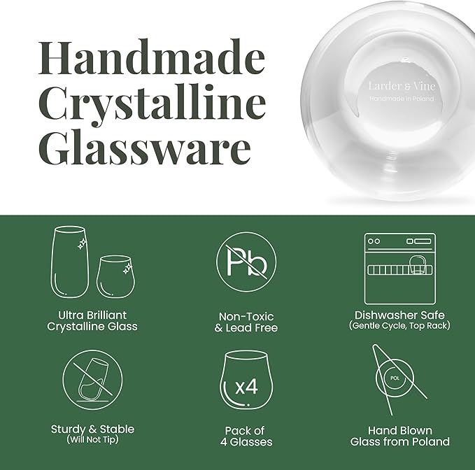 Larder & Vine Crystalline Glassware Tumbler Set, Artisan Drinkware for Cocktails, Water, Whiskey or Spirits, Handmade in Poland (Cafe Tall)