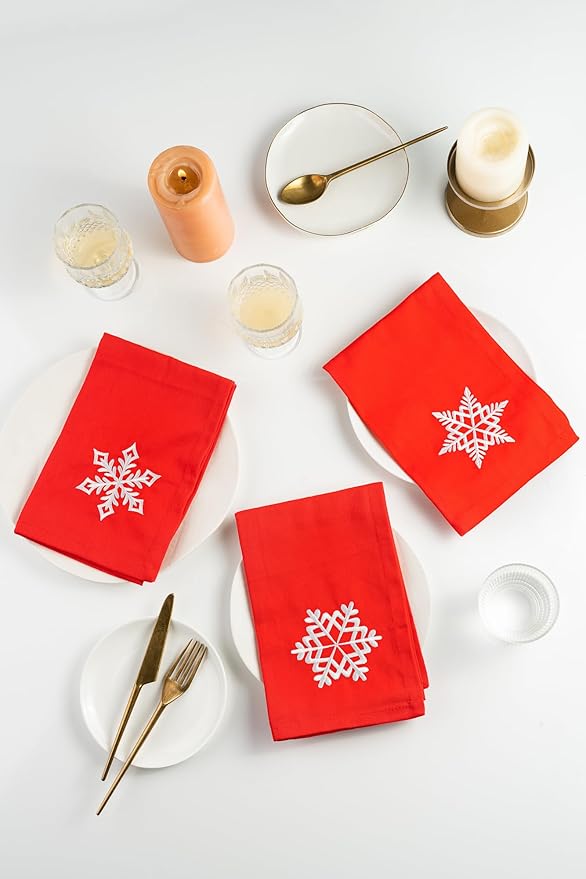 Christmas Cloth Napkins White Dining Table Dinner Napkins| Washable Cotton Napkins Easter Basket Decor|Snowflakes Embroidered 18x18 in Red Pk of 6 Cocktail Party Napkins