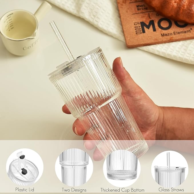 Haundry 20 oz Ribbed Glass Tumbler with Lids and Straws, 2 Pack Iced Coffee Cups, Thickened Glassware Set, Ripple Design Glass Cups for Coffee, Soda, Smoothies, Cocktails and Juice