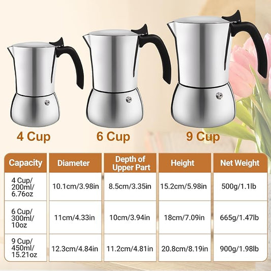 No Coating 6 Cup Thickened 304 Stainless Steel Moka Pot Stovetop Espresso Maker Italian Coffee Machine 300ml 10oz Suitable for Gas Induction Stovetop Greca Coffee Maker Percolator