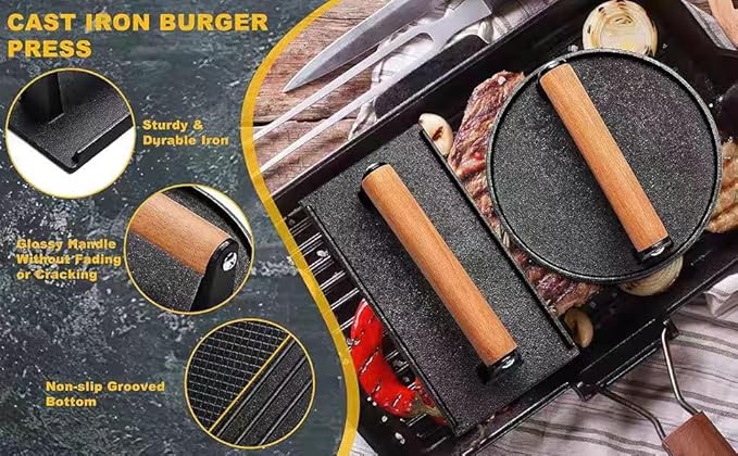 Kitchen Tools 5.7"Cast Iron Smashed Burger Press, 8“ bacon Grill Press Crispy Smash Burgers Burger Tool for Grill and Griddle BBQs and Tailgates Gifts for Men and BBQ Enthusiasts