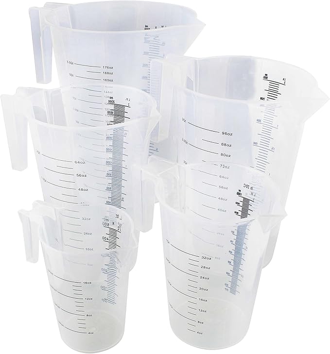 ABN 5 Piece Set of Graduated Paint Mixing Pitchers Quart and Gallon Sized Mixing Cups - 5000 ml, 3000 ml, 2000 ml, 1000 ml, 500 ml Plastic Mixing Cups for Paint, Resin, Epoxy and Home Kitchen and