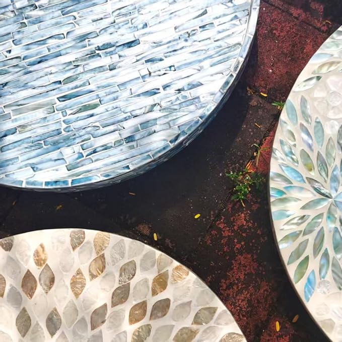 i-lan 17-inch Mother of Pearl Lazy Susan – Blue Brick Pattern Rotating Turntable with Smooth Spin, Large Decorative Tray for Dining Table, Kitchen Cabinet, Countertop & Holiday Gifting