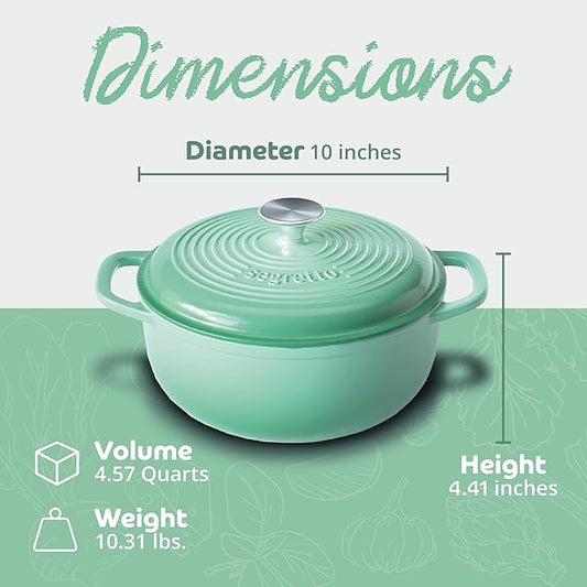 Segretto Cookware Enameled Cast Iron Dutch Oven with Handle, 4.57 Quarts, Verde Chiaro (Gradient Green) Oven Safe Dutch Oven Pot With Lid Ceramic Enamel Cast Iron Pot Cookware | Bread Oven