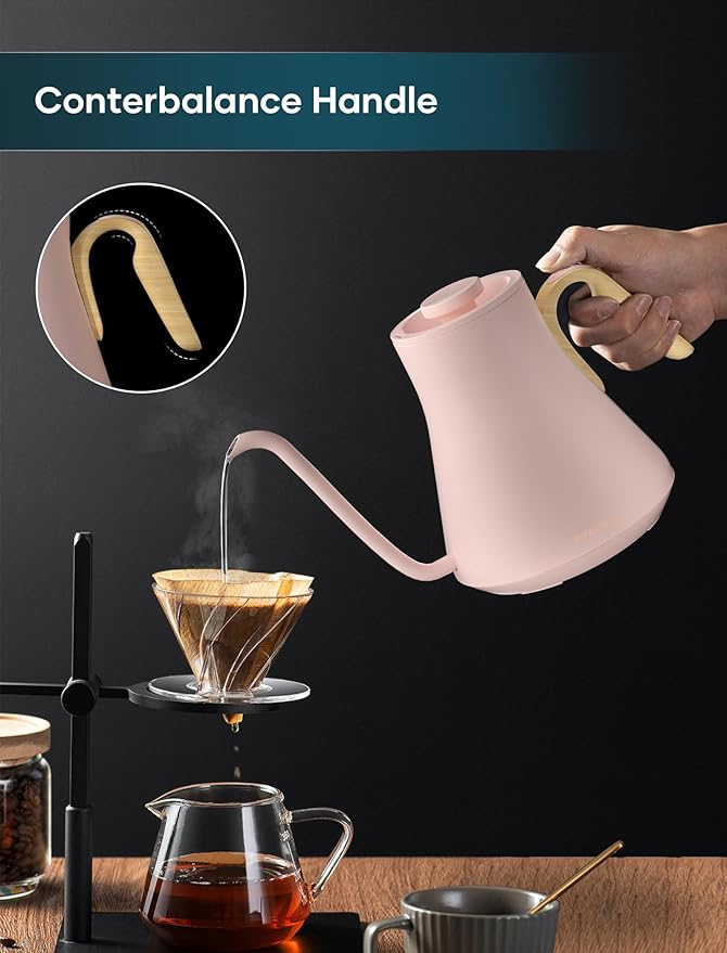 INTASTING Gooseneck Electric Kettle with ±1℉ Temperature Control for Pour Over Coffee & Tea, Quick Heating, BPA-Free Stainless Steel, Built-in Brew Timer, 1500W/0.9L (Petal Pink)