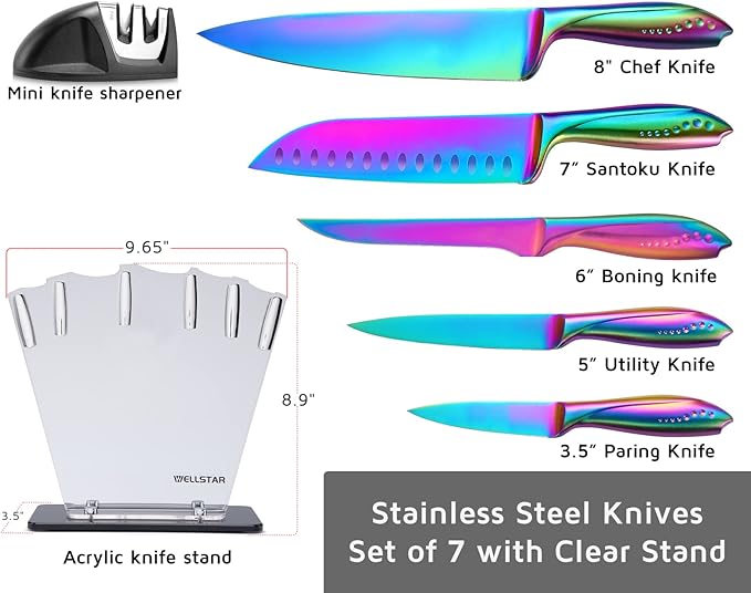 WELLSTAR Rainbow Knife Set 7 Pieces, Iridescent German Stainless Steel Kitchen Knives Set with Acrylic Stand Holder, Colorful Titanium Coating, Chef’s Knife Block Set with 2 Stage Mini Knife Sharpener