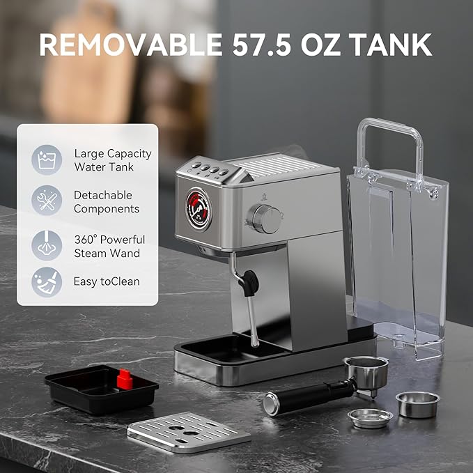 TINTALK EM623 Espresso Machine 20 Bar with Steam Milk Frother, Stainless Steel Coffee Machine with Removable Water Tank for Cappuccino,Latte, Compact Stainless Steel Coffee maker for home,Great Gift