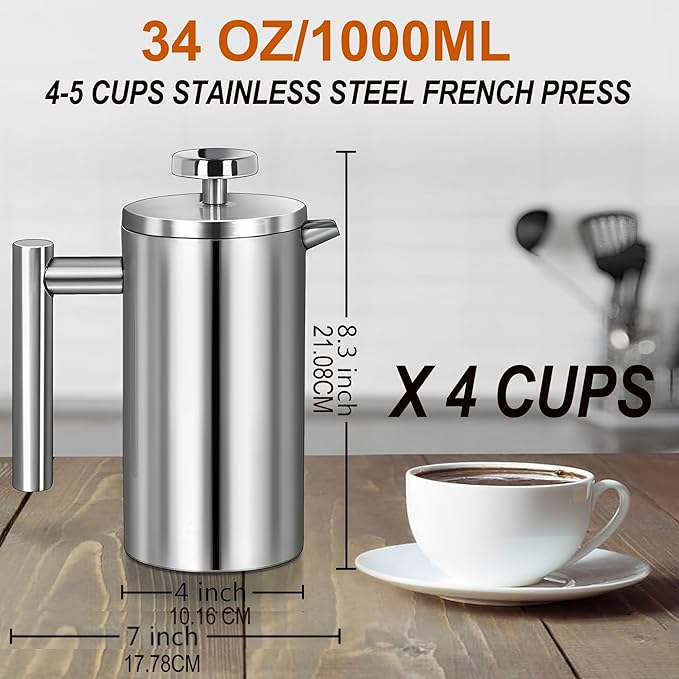 WORBIC French Press Coffee Maker 34oz, Stainless Steel Double Wall Insulated, 3 Extra Filters & Coffee Spoon for Hot/Cold Brew, Durable Coffee Press for Home, Camping, Office - Silver