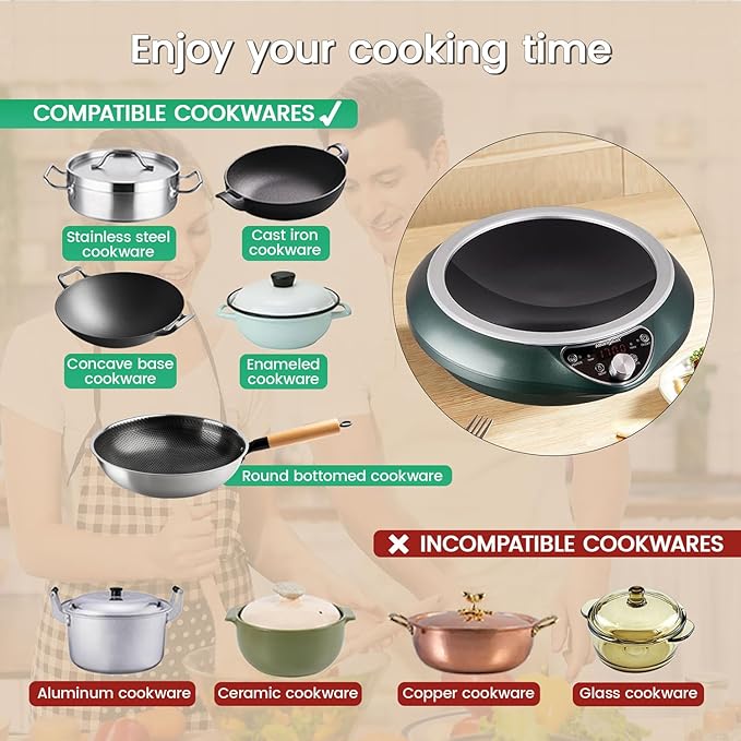 Abangdun Wok Induction Cooktop 1700W 120V Burner Induction Curved Electric Stove Hot Plate Round Bottom Frying Evenly